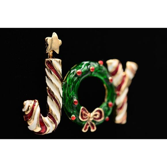 Vintage Christmas JOY Pin Brooch Wreath Enamel Candy Cane Holiday NOS 80s BinA9 - Picture 4 of 12
